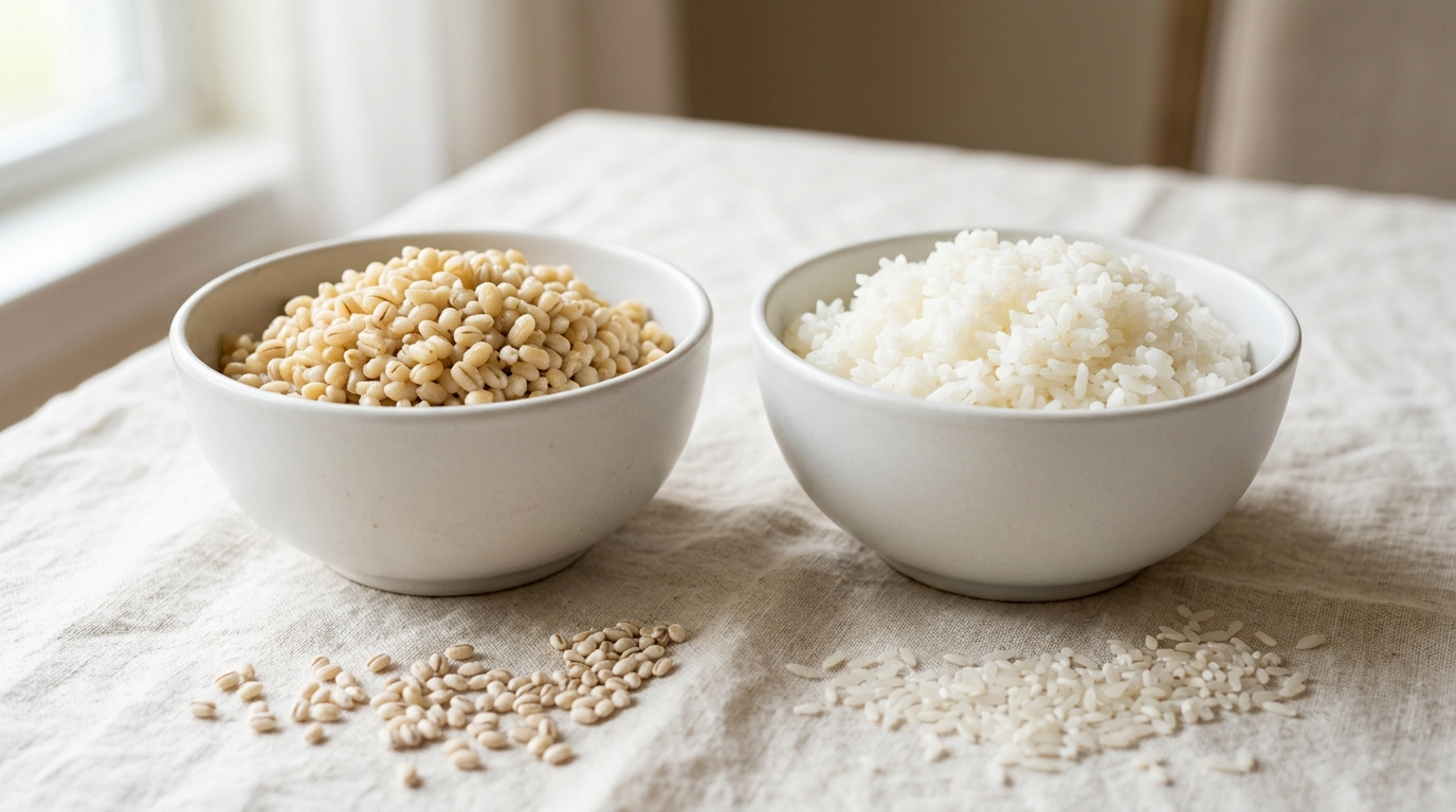 Bowls of cooked pearl barley and white rice side by side