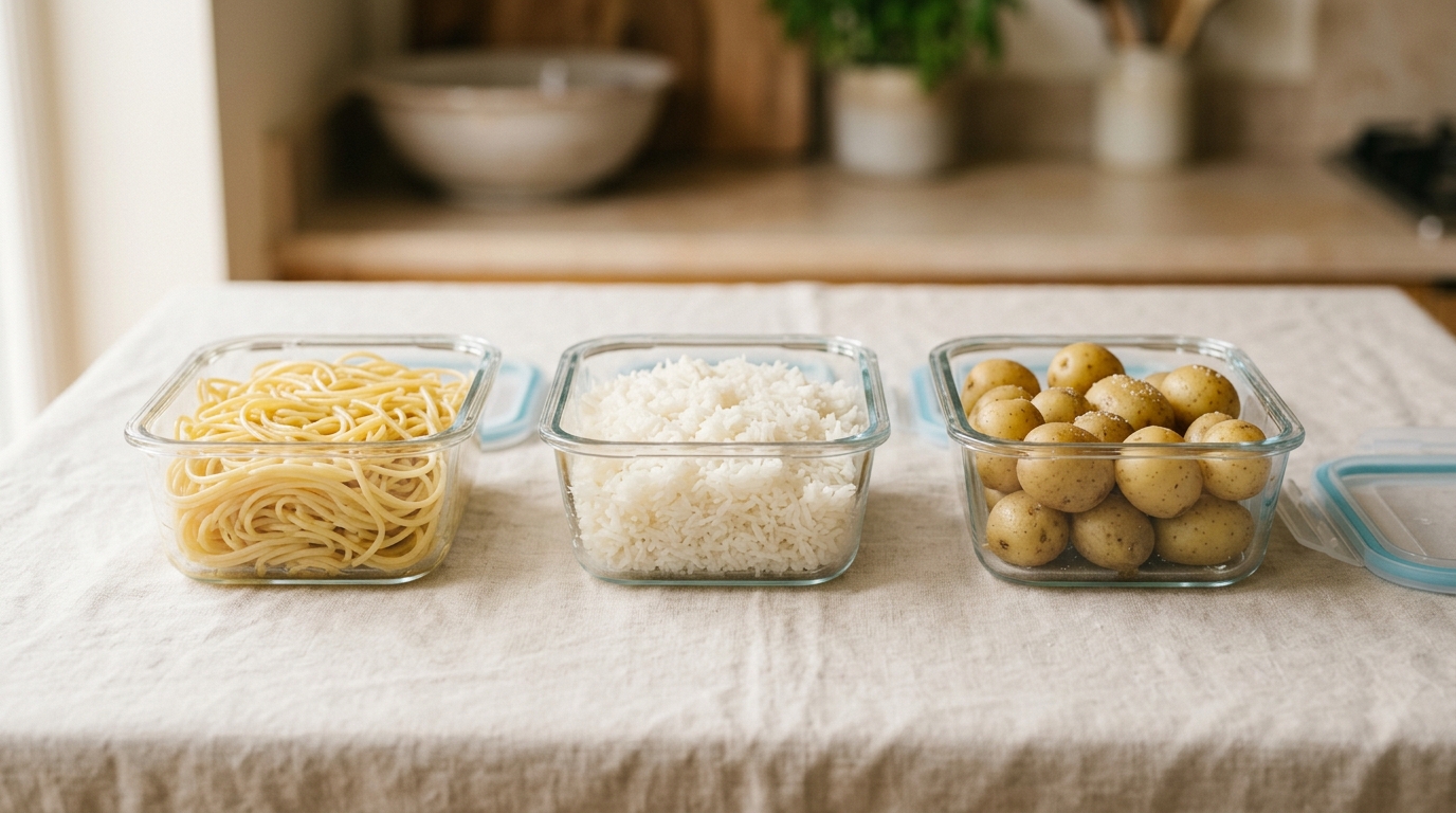 Glass containers of leftover cooked pasta, rice and potatoes