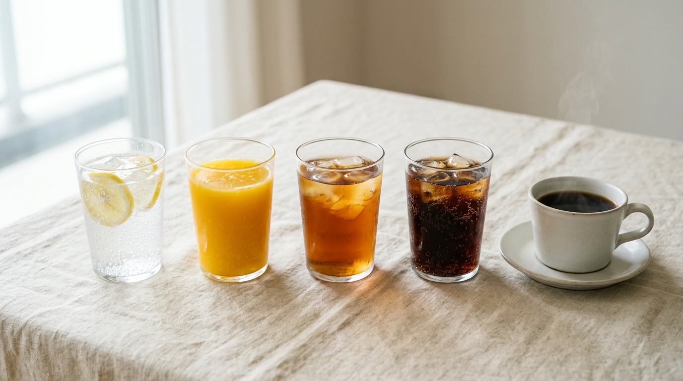 Glasses of sparkling water, orange juice, iced tea, cola and a cup of coffee