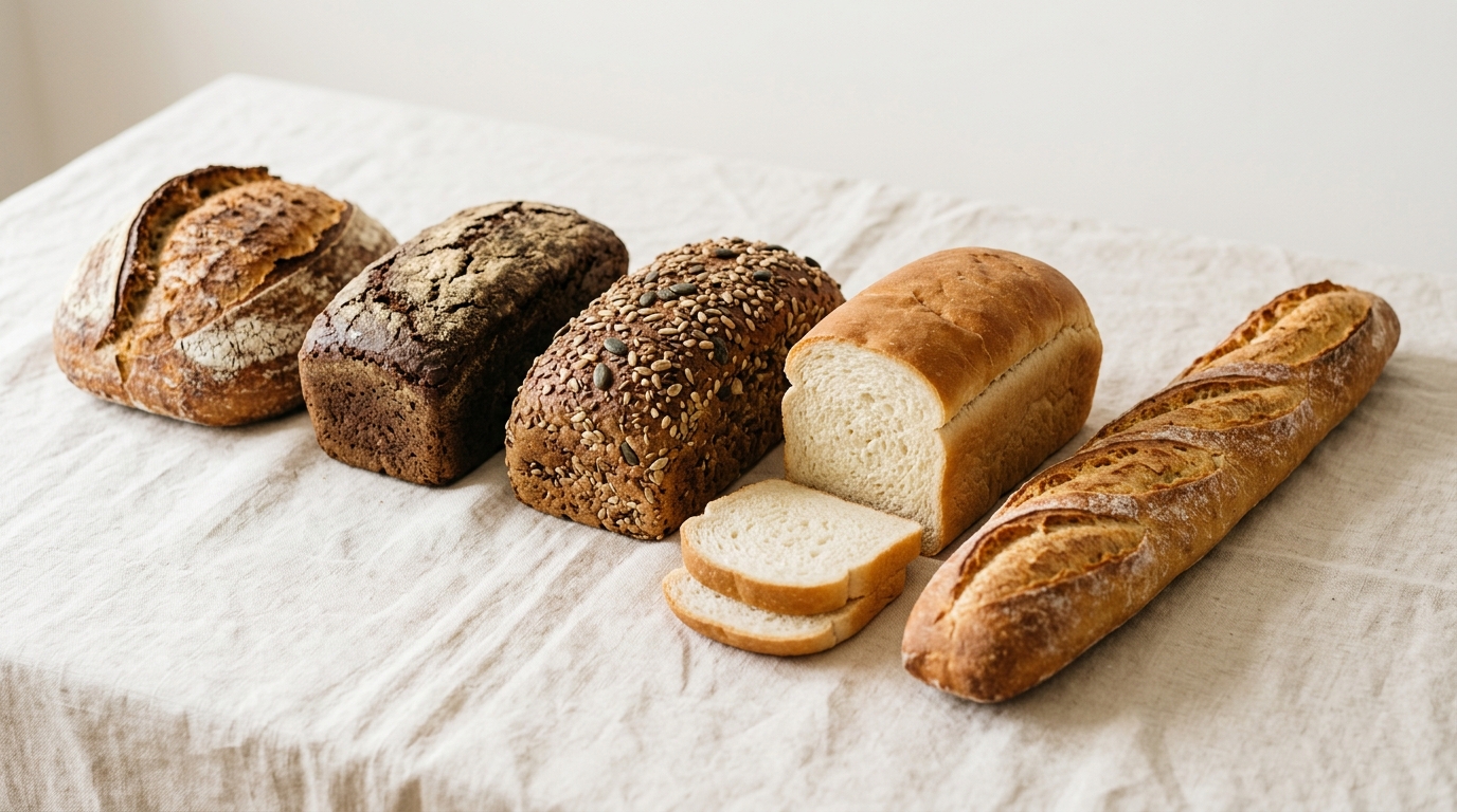 Assorted breads: sourdough, rye, seeded whole-grain, white sandwich loaf, and baguette
