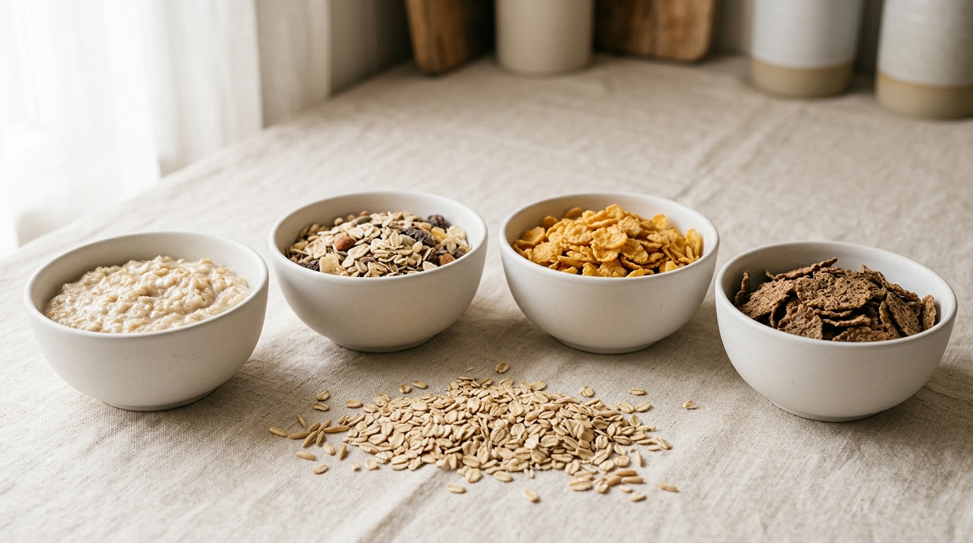 Bowls of oatmeal, muesli, corn flakes and bran cereal with raw rolled oats
