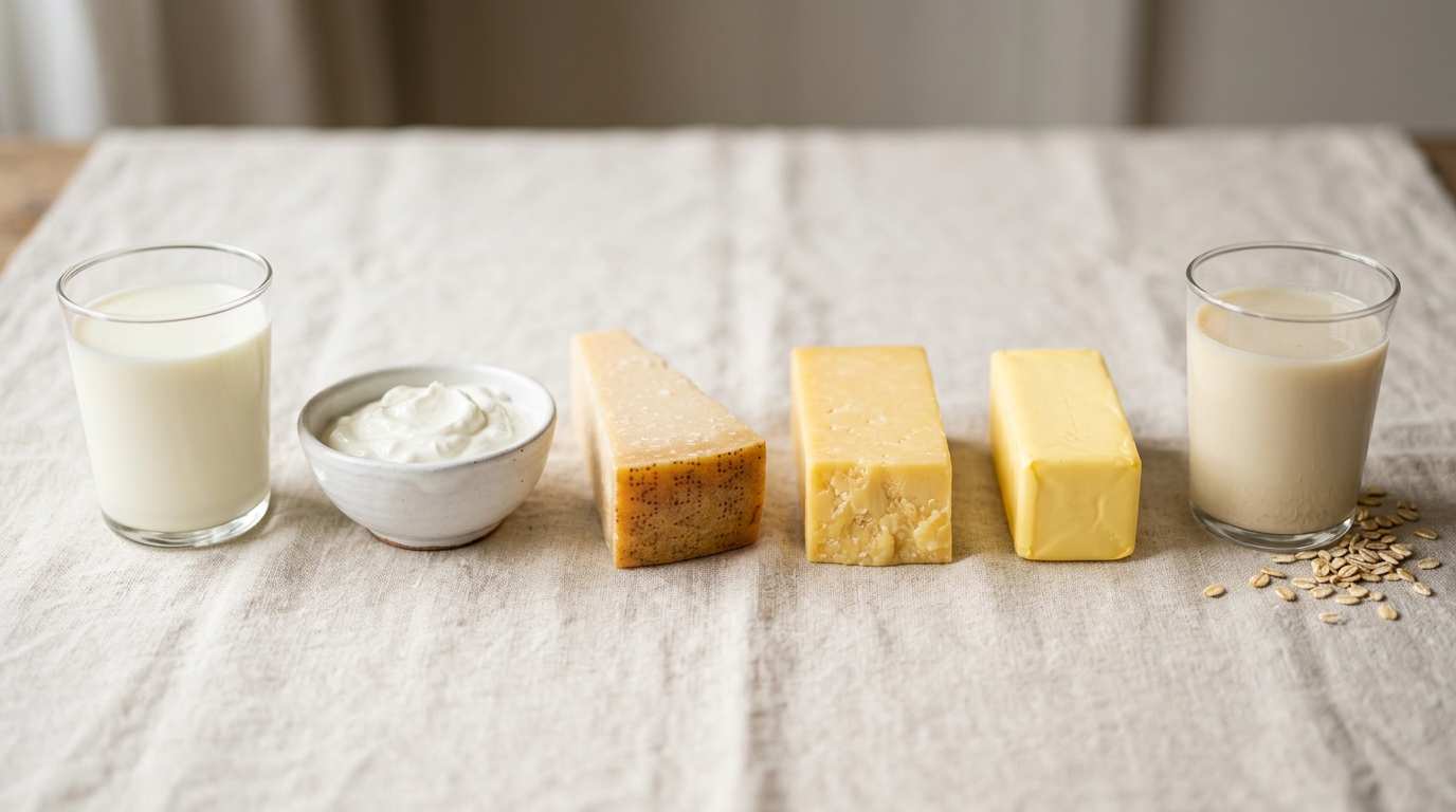 Milk, Greek yogurt, parmesan, cheddar, butter and a glass of oat milk
