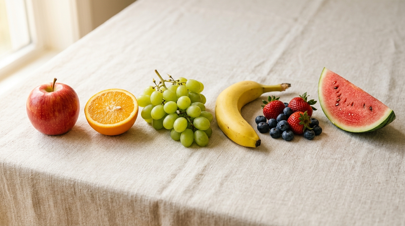 Assorted fresh fruit: apples, oranges, berries, banana, grapes and watermelon