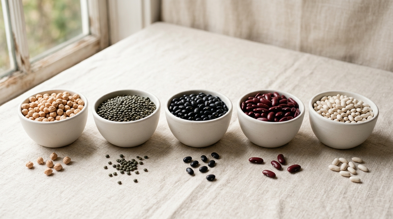Small bowls of chickpeas, lentils, black beans, kidney beans and white beans