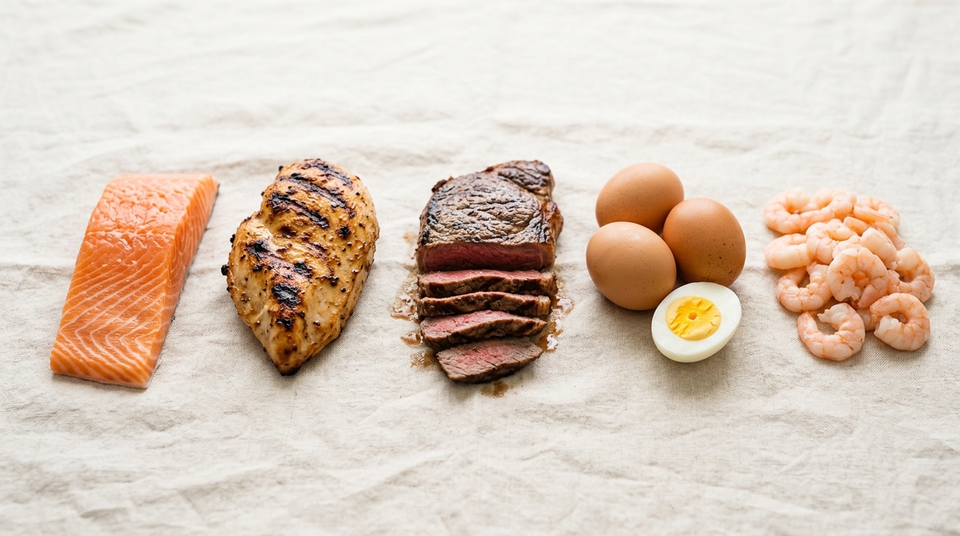 Salmon fillet, grilled chicken breast, sliced steak, eggs and shrimp