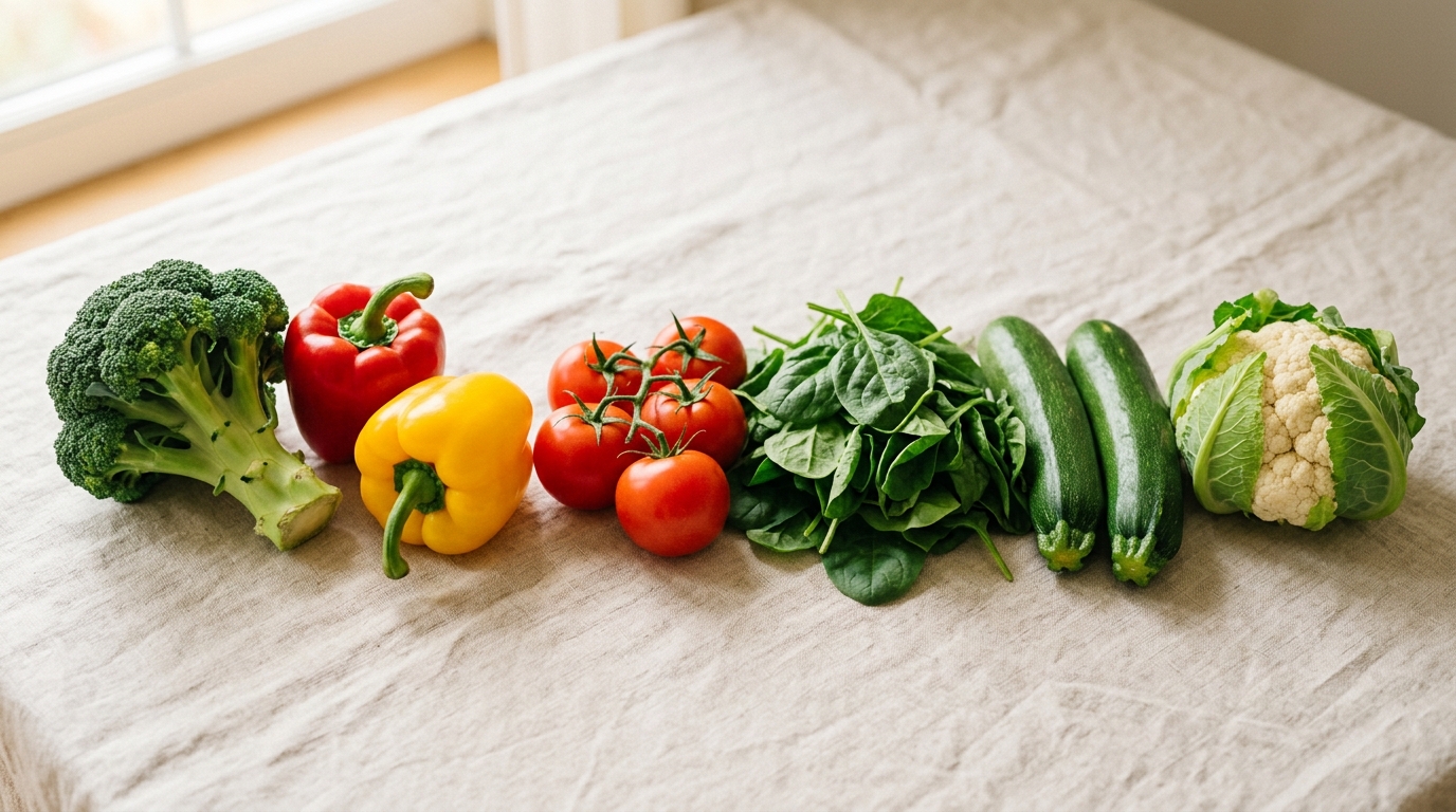 Fresh vegetables: broccoli, peppers, tomatoes, spinach, zucchini and cauliflower