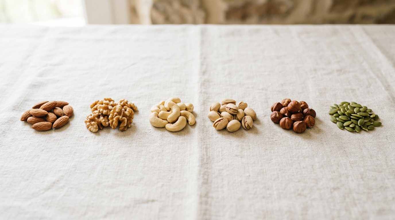 Small piles of almonds, walnuts, cashews, pistachios, hazelnuts and pumpkin seeds