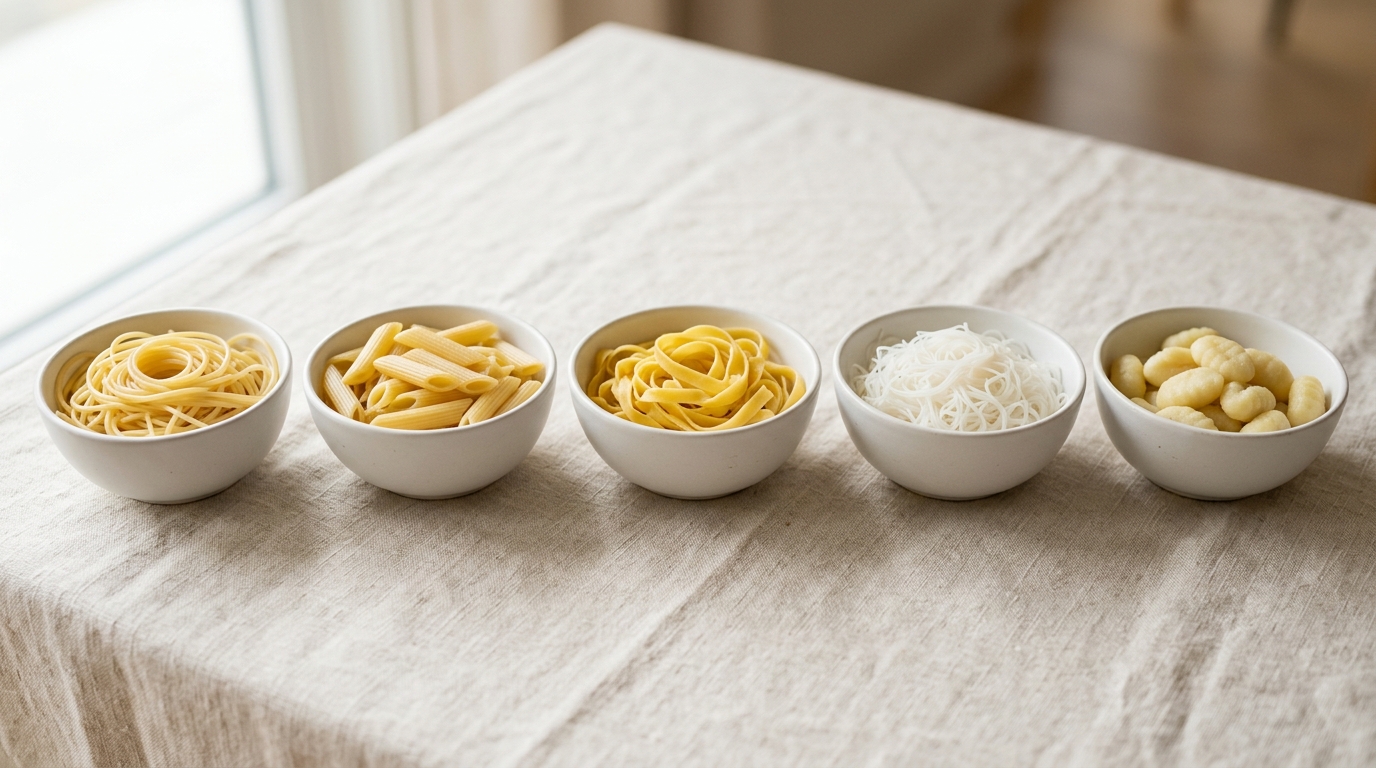 Bowls of spaghetti, penne, fettuccine, rice noodles and gnocchi