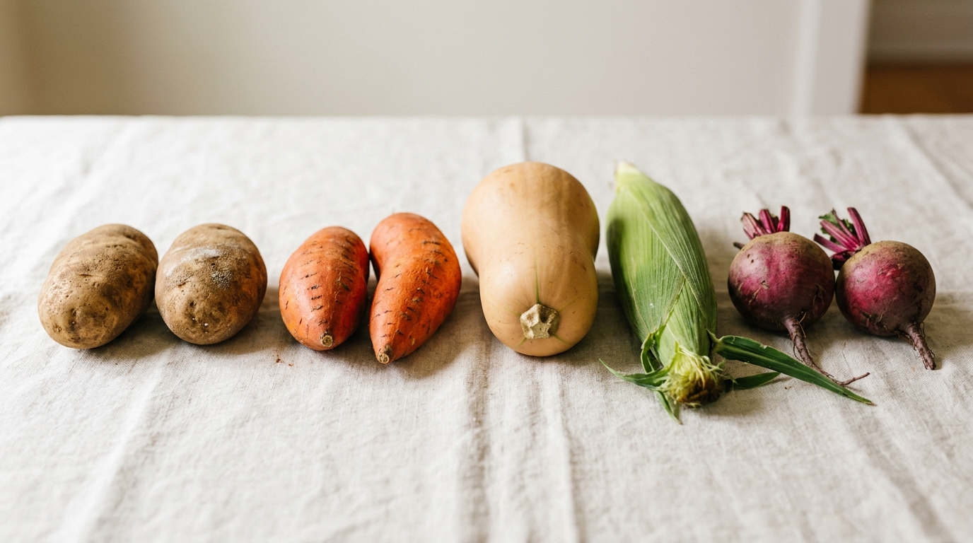 Potatoes, sweet potatoes, butternut squash, corn and beets