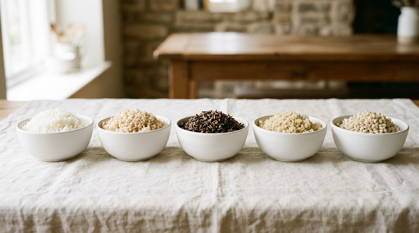 Bowls of white rice, brown rice, wild rice, quinoa and barley