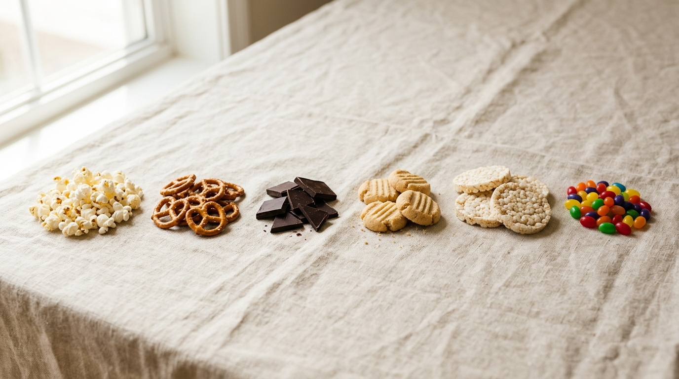 Popcorn, pretzels, dark chocolate, shortbread cookies, rice cakes and jelly beans