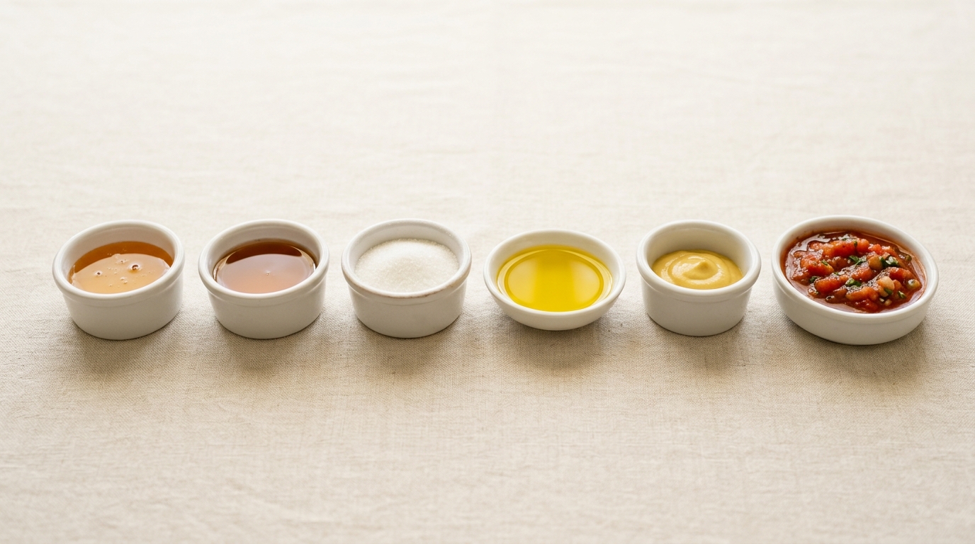 Honey, maple syrup, sugar, olive oil, mustard and salsa in small white dishes